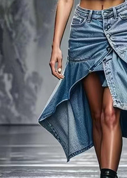 Chic Blue Button Side Open High Waist Denim Skirts Summer