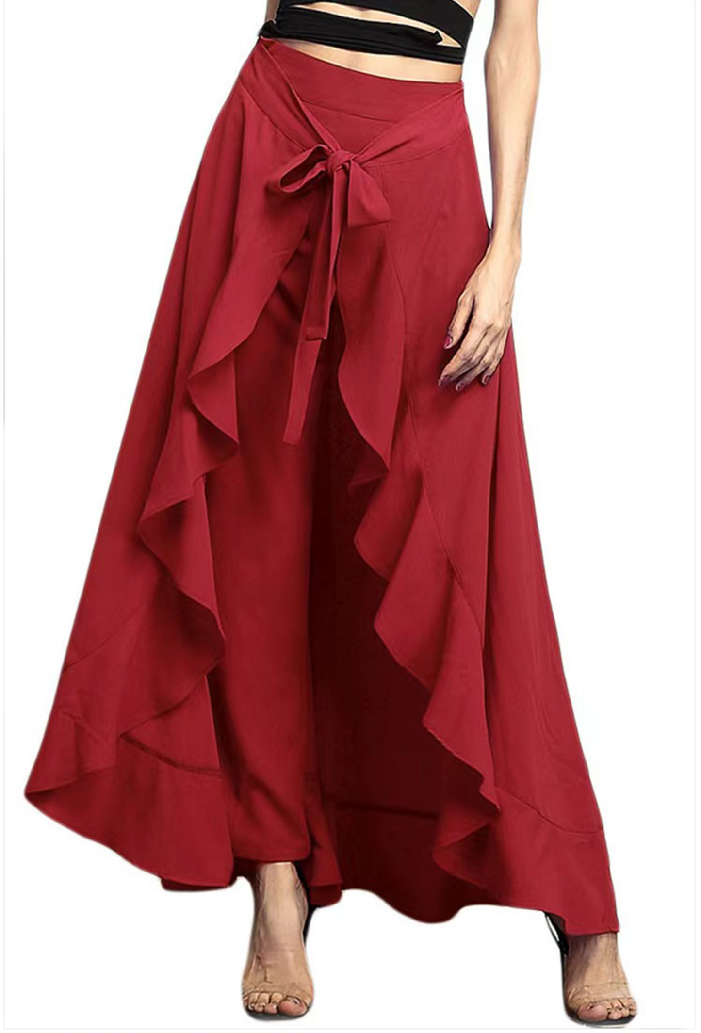 French Red Waist Spliced Ruffle Hem Straight Leg Skirt