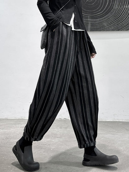 Casual Black High Waisted Pockets Striped Harem Pants
